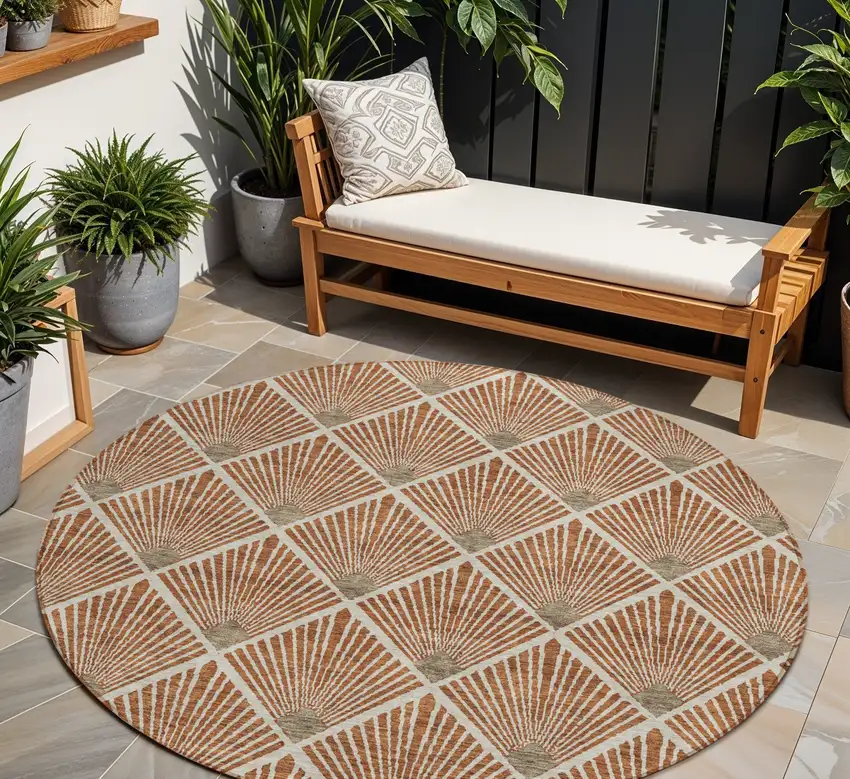 8' Brown Copper And Beige Round Geometric Washable Indoor Outdoor Area Rug Photo 1
