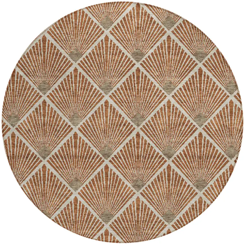 8' Brown Copper And Beige Round Geometric Washable Indoor Outdoor Area Rug Photo 2