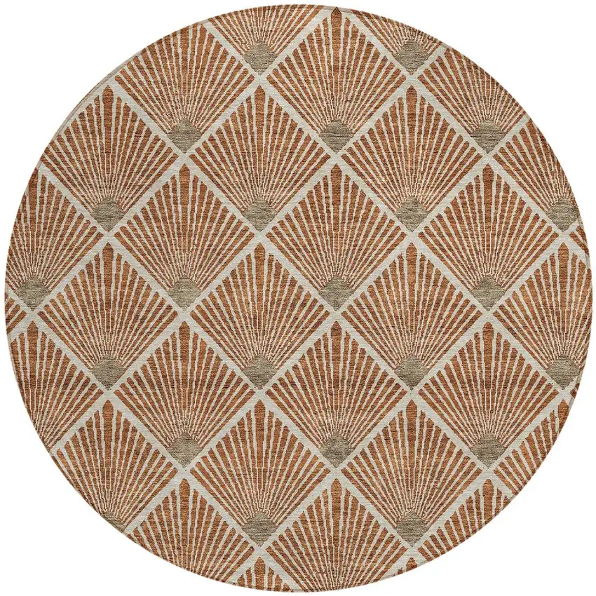 8' Brown Copper And Beige Round Geometric Washable Indoor Outdoor Area Rug Photo 6