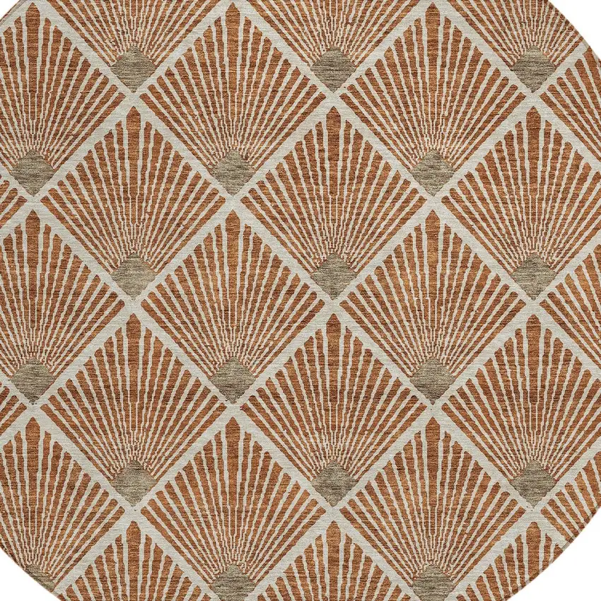 8' Brown Copper And Beige Round Geometric Washable Indoor Outdoor Area Rug Photo 4