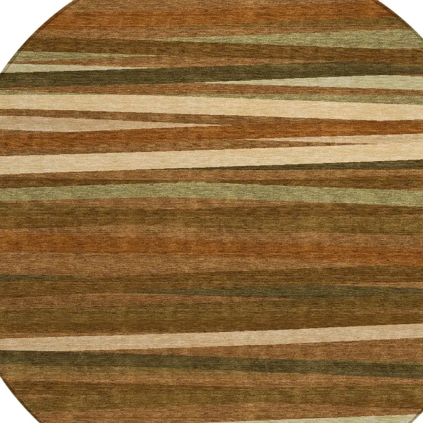 8' Brown Copper And Beige Round Striped Washable Indoor Outdoor Area Rug Photo 4