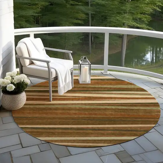 8' Brown Copper And Beige Round Striped Washable Indoor Outdoor Area Rug Photo 6