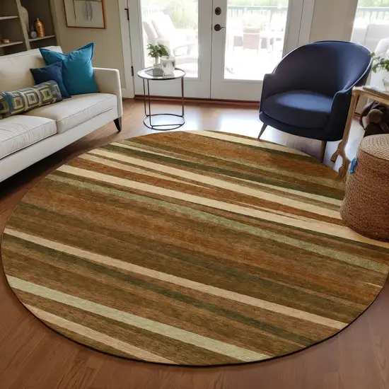 8' Brown Copper And Beige Round Striped Washable Indoor Outdoor Area Rug Photo 7