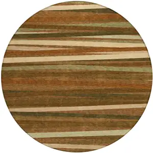 Photo of 8' Brown Copper And Beige Round Striped Washable Indoor Outdoor Area Rug