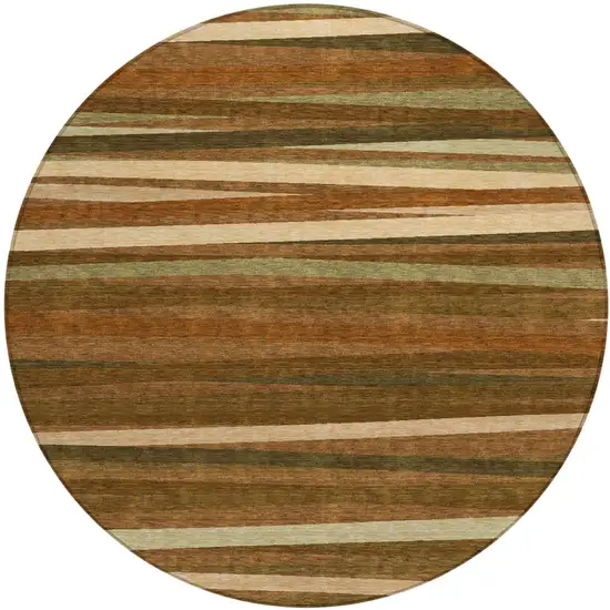 8' Brown Copper And Beige Round Striped Washable Indoor Outdoor Area Rug Photo 2