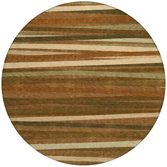 8' Brown Copper And Beige Round Striped Washable Indoor Outdoor Area Rug Photo 5