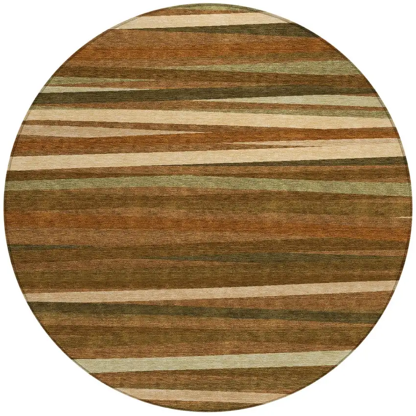 8' Brown Copper And Beige Round Striped Washable Indoor Outdoor Area Rug Photo 5
