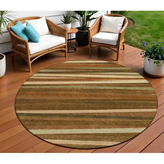 8' Brown Copper And Beige Round Striped Washable Indoor Outdoor Area Rug Photo 1