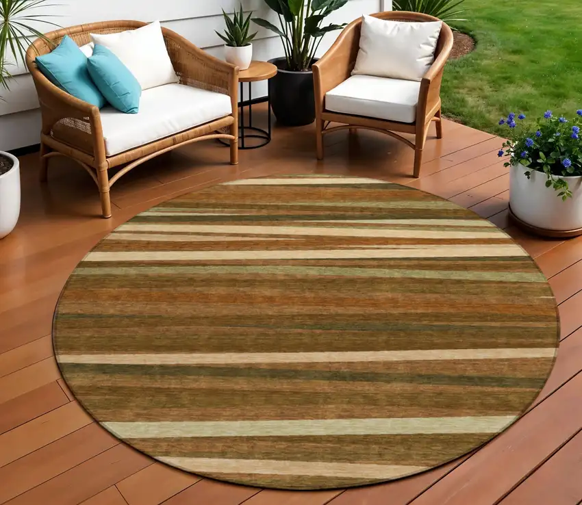 8' Brown Copper And Beige Round Striped Washable Indoor Outdoor Area Rug Photo 1
