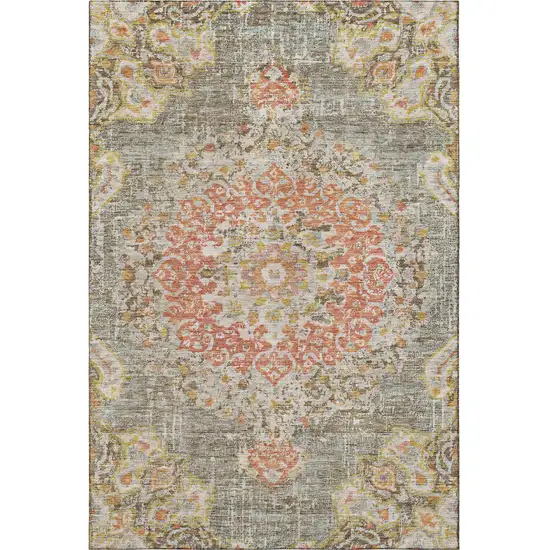 8' Brown Copper And Gold Floral Washable Area Rug With UV Protection Photo 3
