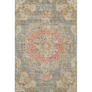 Photo of 8' Brown Copper And Gold Floral Washable Area Rug With UV Protection