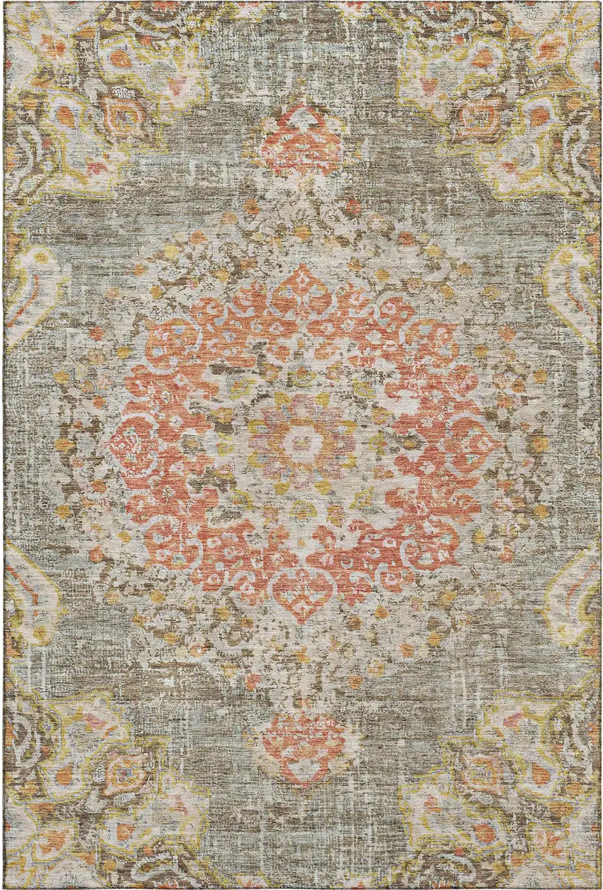 8' Brown Copper And Gold Floral Washable Area Rug With UV Protection Photo 1