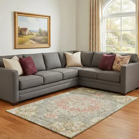 8' Brown Copper And Gold Floral Washable Area Rug With UV Protection Photo 2