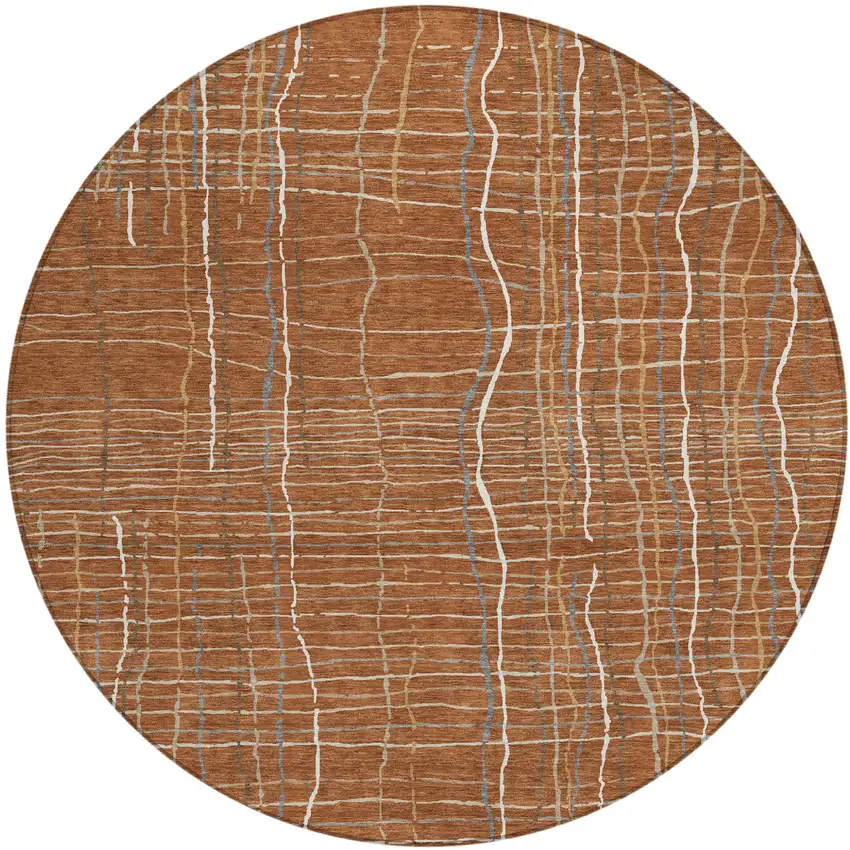 8' Brown Copper And Gray Round Striped Washable Indoor Outdoor Area Rug Photo 2