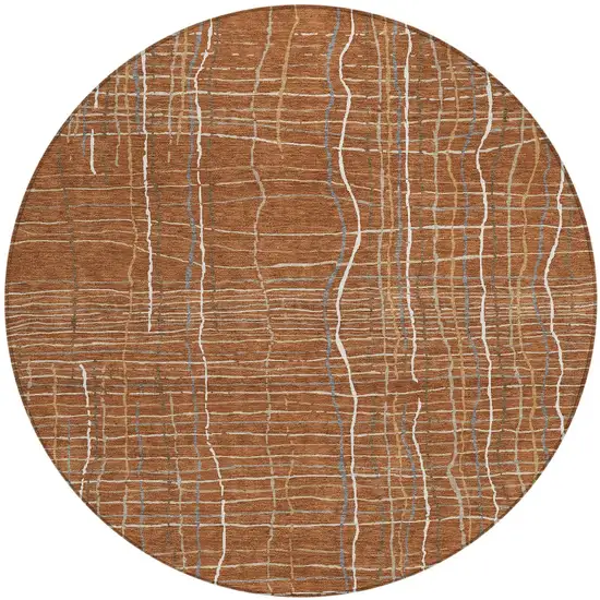 8' Brown Copper And Gray Round Striped Washable Indoor Outdoor Area Rug Photo 4