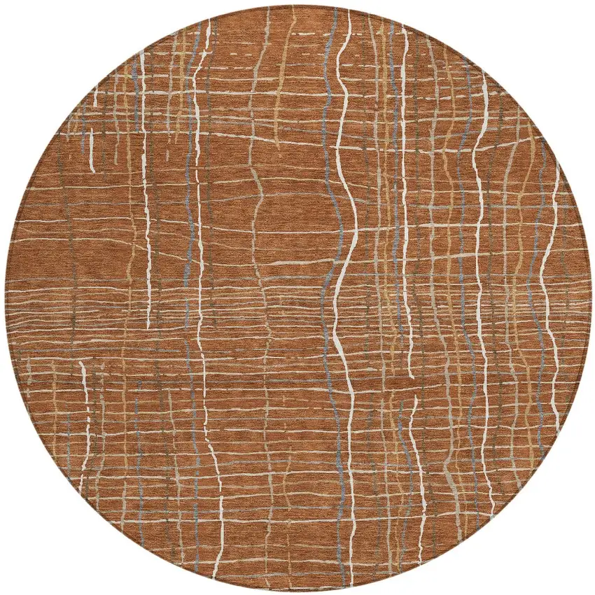 8' Brown Copper And Gray Round Striped Washable Indoor Outdoor Area Rug Photo 4