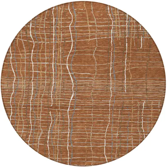 8' Brown Copper And Gray Round Striped Washable Indoor Outdoor Area Rug Photo 5