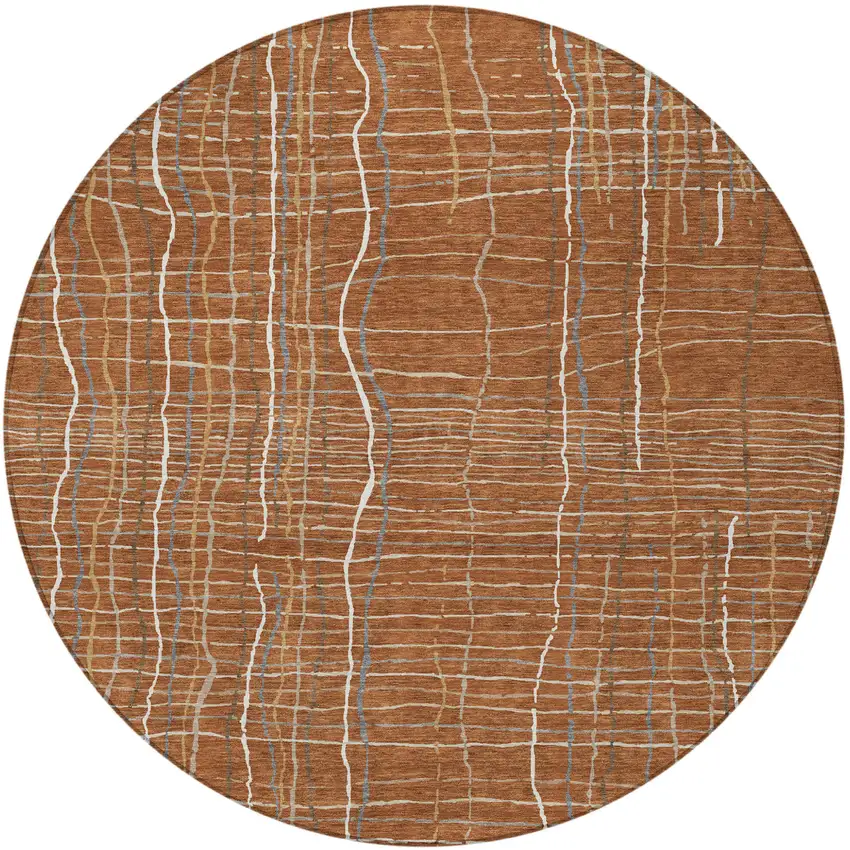 8' Brown Copper And Gray Round Striped Washable Indoor Outdoor Area Rug Photo 5