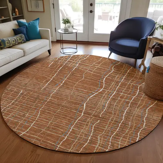 8' Brown Copper And Gray Round Striped Washable Indoor Outdoor Area Rug Photo 7