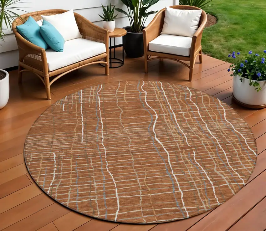 8' Brown Copper And Gray Round Striped Washable Indoor Outdoor Area Rug Photo 1