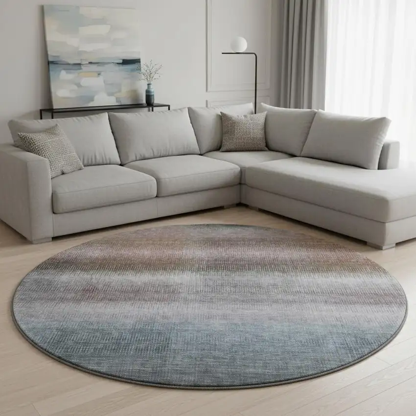 8' Brown Copper And Gray Striped Washable Round Rug With UV Protection Photo 2