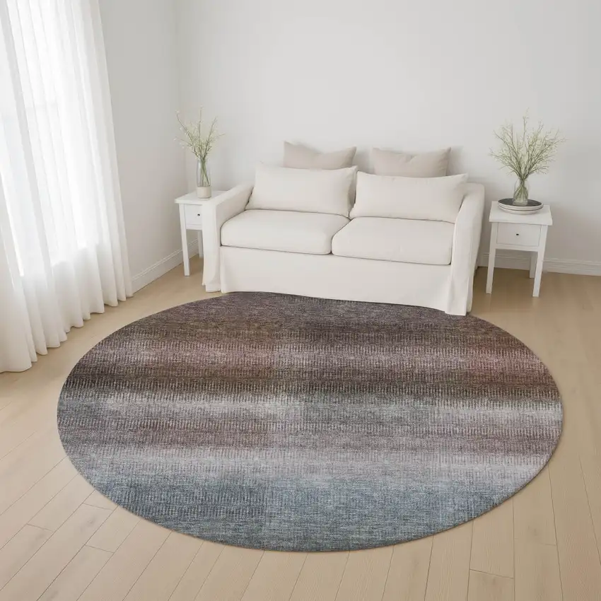 8' Brown Copper And Gray Striped Washable Round Rug With UV Protection Photo 4
