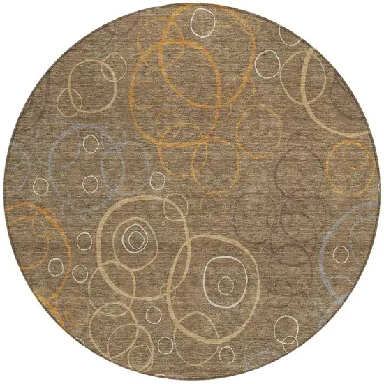 8' Brown Copper And Ivory Round Geometric Washable Indoor Outdoor Area Rug Photo 3