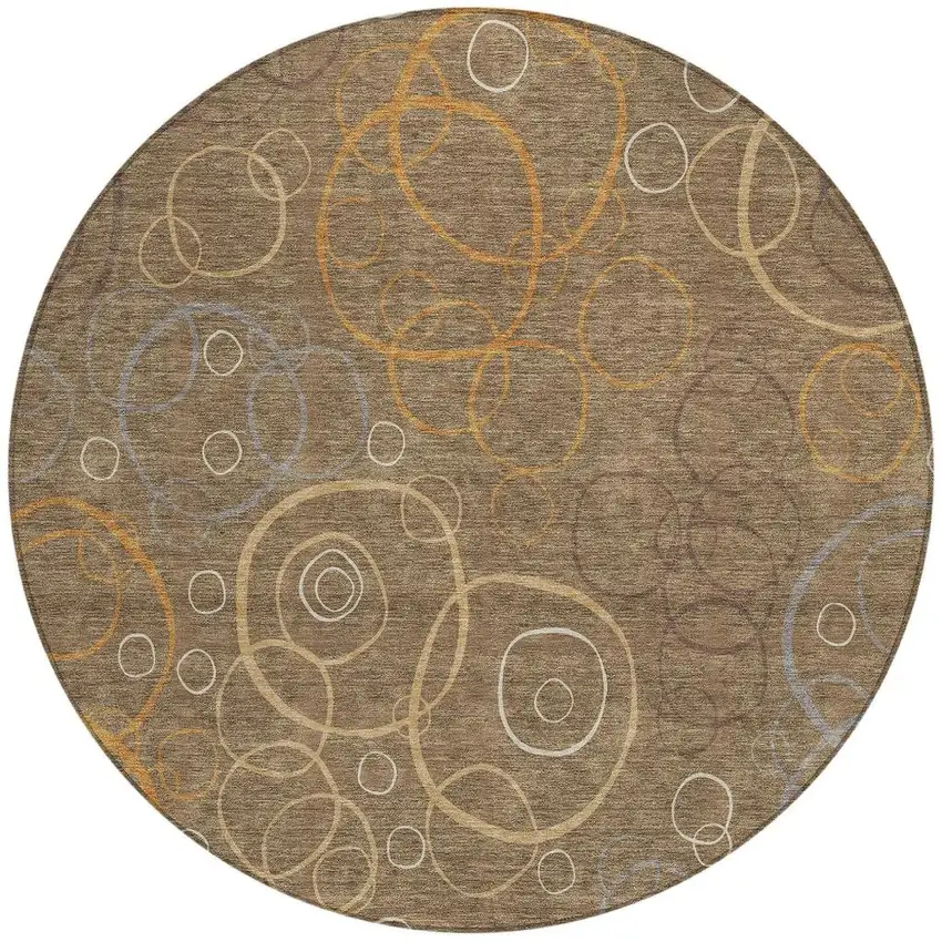 8' Brown Copper And Ivory Round Geometric Washable Indoor Outdoor Area Rug Photo 3