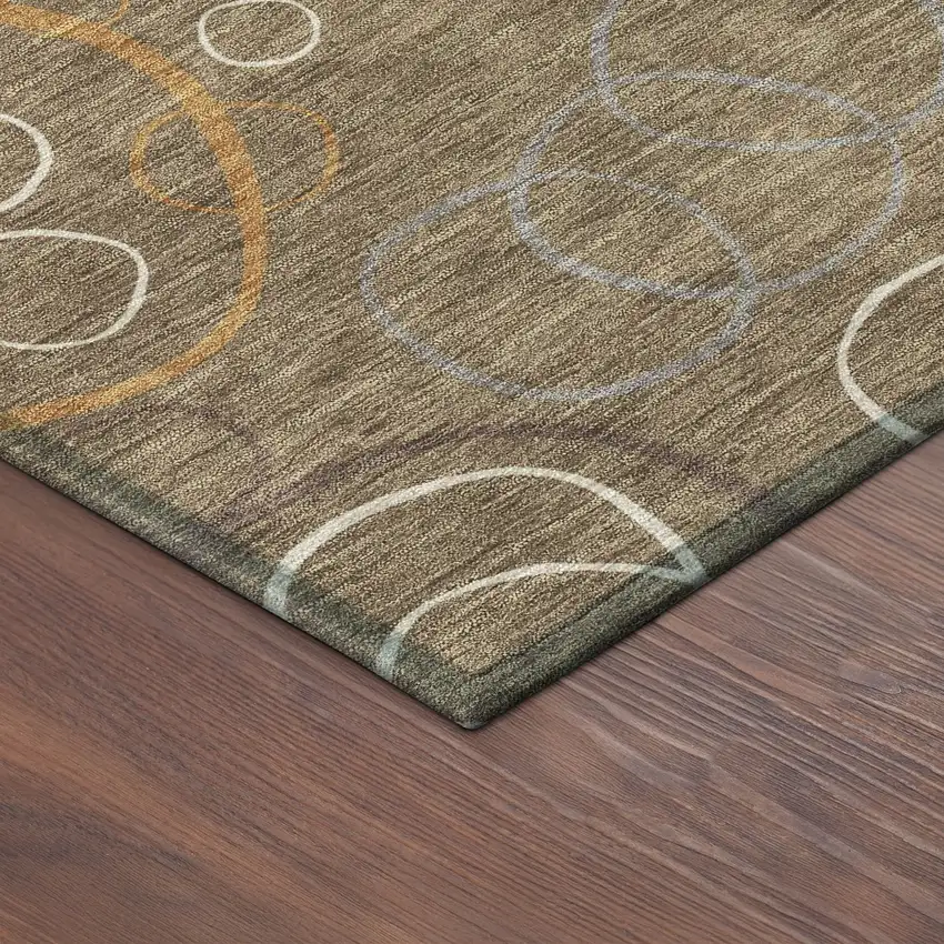 8' Brown Copper And Ivory Round Geometric Washable Indoor Outdoor Area Rug Photo 8