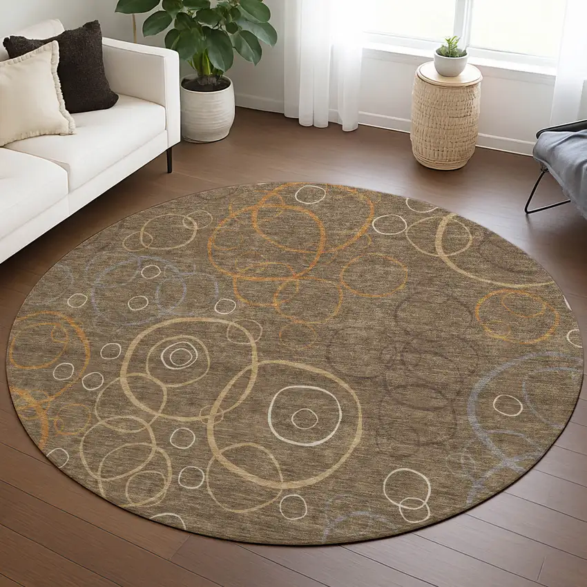 8' Brown Copper And Ivory Round Geometric Washable Indoor Outdoor Area Rug Photo 5