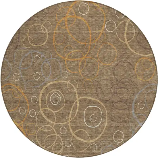 8' Brown Copper And Ivory Round Geometric Washable Indoor Outdoor Area Rug Photo 1