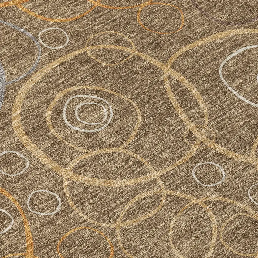 8' Brown Copper And Ivory Round Geometric Washable Indoor Outdoor Area Rug Photo 9