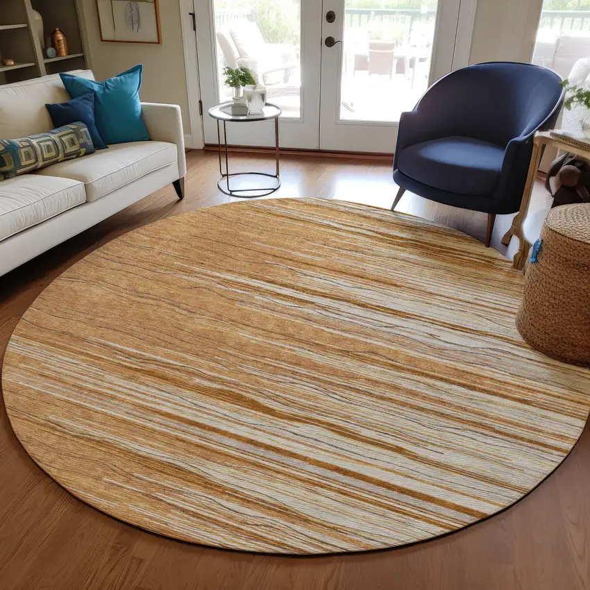 8' Brown Copper And Ivory Round Striped Washable Indoor Outdoor Area Rug Photo 7