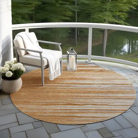 8' Brown Copper And Ivory Round Striped Washable Indoor Outdoor Area Rug Photo 6