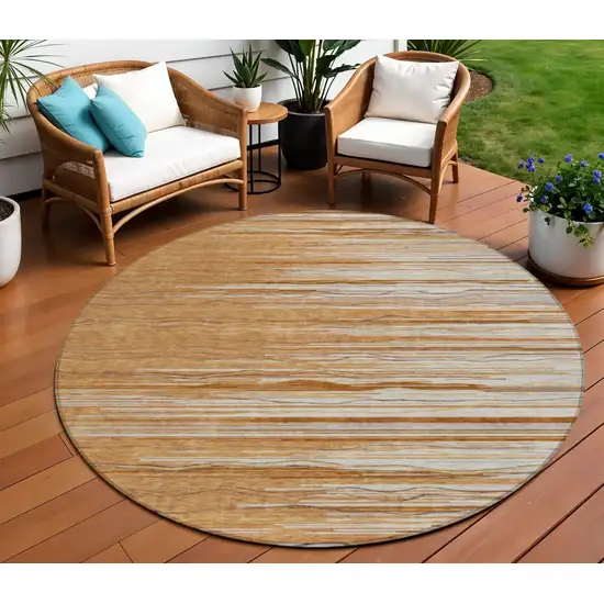 8' Brown Copper And Ivory Round Striped Washable Indoor Outdoor Area Rug Photo 1