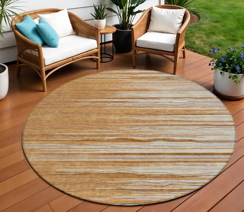 8' Brown Copper And Ivory Round Striped Washable Indoor Outdoor Area Rug Photo 1