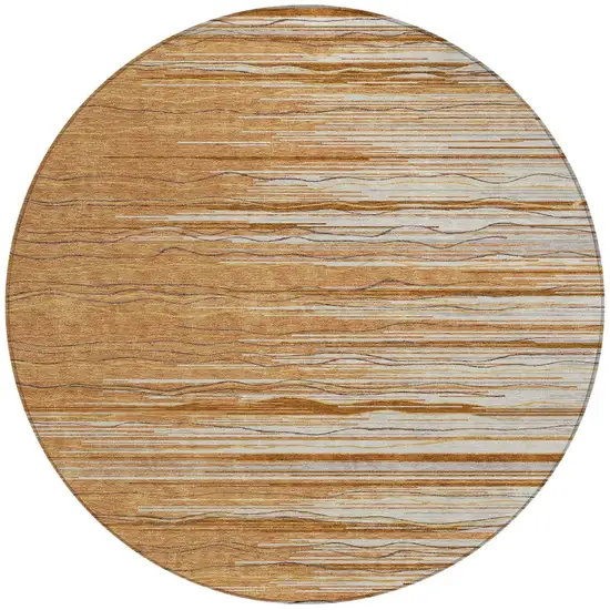 8' Brown Copper And Ivory Round Striped Washable Indoor Outdoor Area Rug Photo 5
