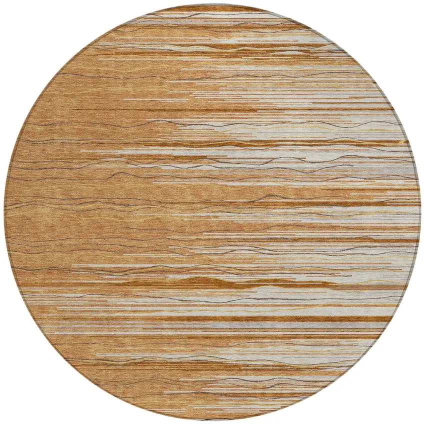 8' Brown Copper And Ivory Round Striped Washable Indoor Outdoor Area Rug Photo 5
