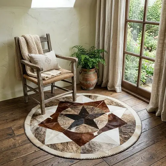 5' Brown Cowhide Patchwork Round Rug Photo 1