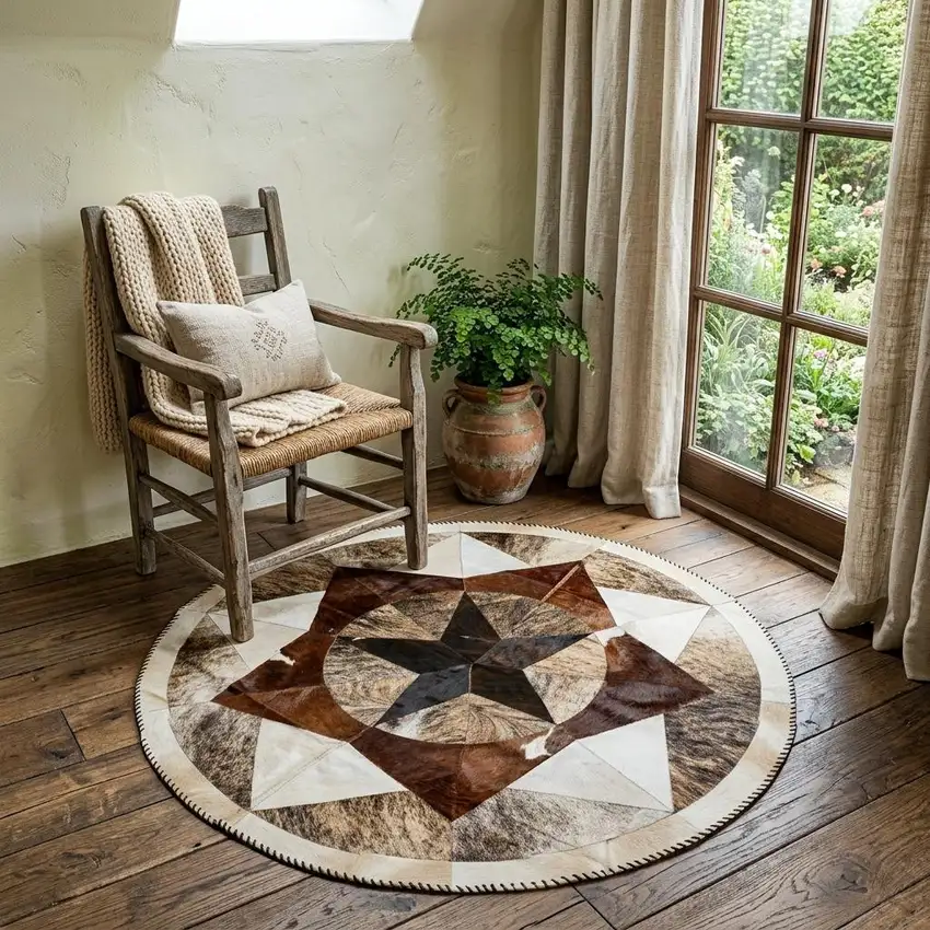 5' Brown Cowhide Patchwork Round Rug Photo 1