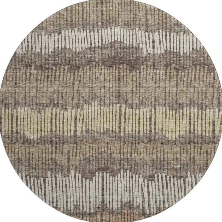 8' Brown Cream And Ivory Striped Washable Round Rug With UV Protection Photo 4