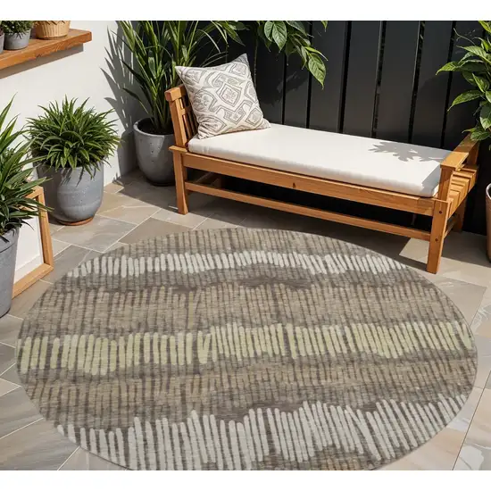 8' Brown Cream And Ivory Striped Washable Round Rug With UV Protection Photo 1