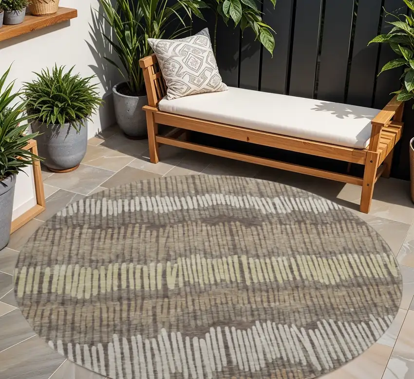 8' Brown Cream And Ivory Striped Washable Round Rug With UV Protection Photo 1