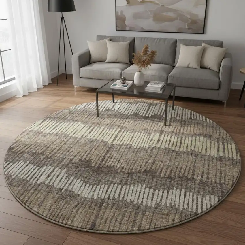 8' Brown Cream And Ivory Striped Washable Round Rug With UV Protection Photo 2