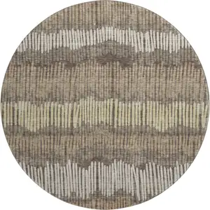 Photo of 8' Brown Cream And Ivory Striped Washable Round Rug With UV Protection