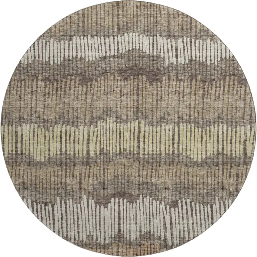 8' Brown Cream And Ivory Striped Washable Round Rug With UV Protection Photo 1