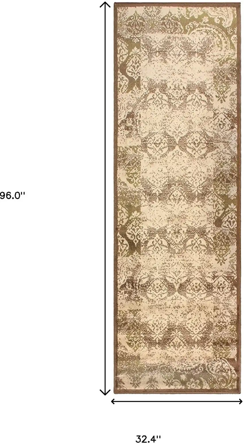 8' Brown Damask Power Loom Distressed Stain Resistant Runner Rug Photo 6