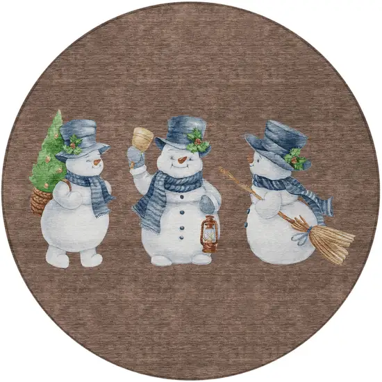 8' Brown Denim Blue And Ivory Round Botanical Leaves Washable Indoor Outdoor Area Rug Photo 3