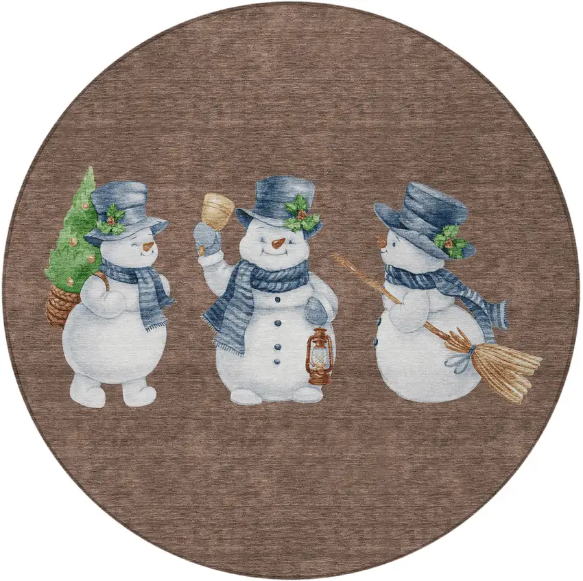 8' Brown Denim Blue And Ivory Round Botanical Leaves Washable Indoor Outdoor Area Rug Photo 3