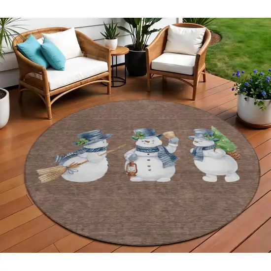 8' Brown Denim Blue And Ivory Round Botanical Leaves Washable Indoor Outdoor Area Rug Photo 2